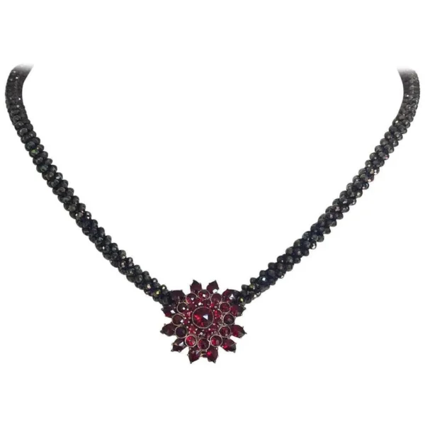 Marina J Black Spinel Rope Necklace, Garnet Vintage Brooch and 14 K Gold Clasp