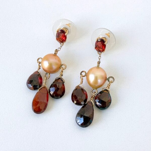 Pearl & Red Garnet Chandelier Earrings with 14K Yellow Gold