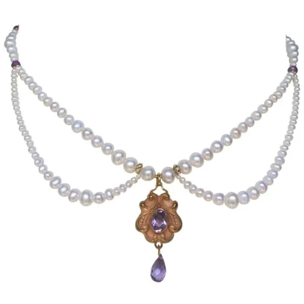 Marina J Graduated Pearl and Amethyst Necklace with Vintage Gold Pendant