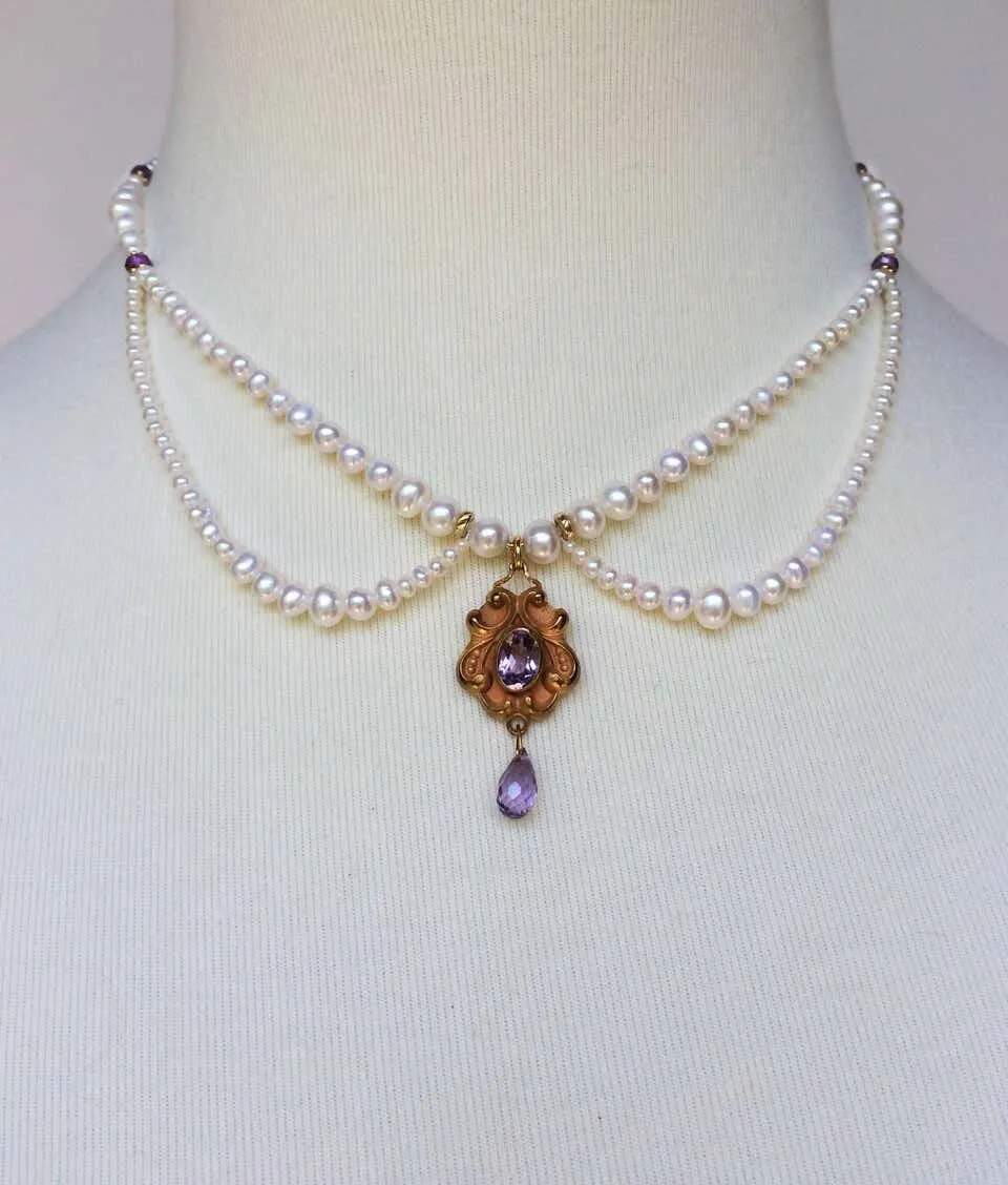 Marina J Graduated Pearl and Amethyst Necklace with Vintage Gold Pendant - Image 2