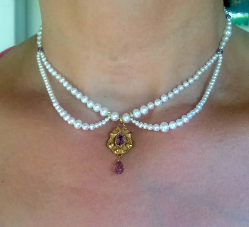 Marina J Graduated Pearl and Amethyst Necklace with Vintage Gold Pendant - Image 4