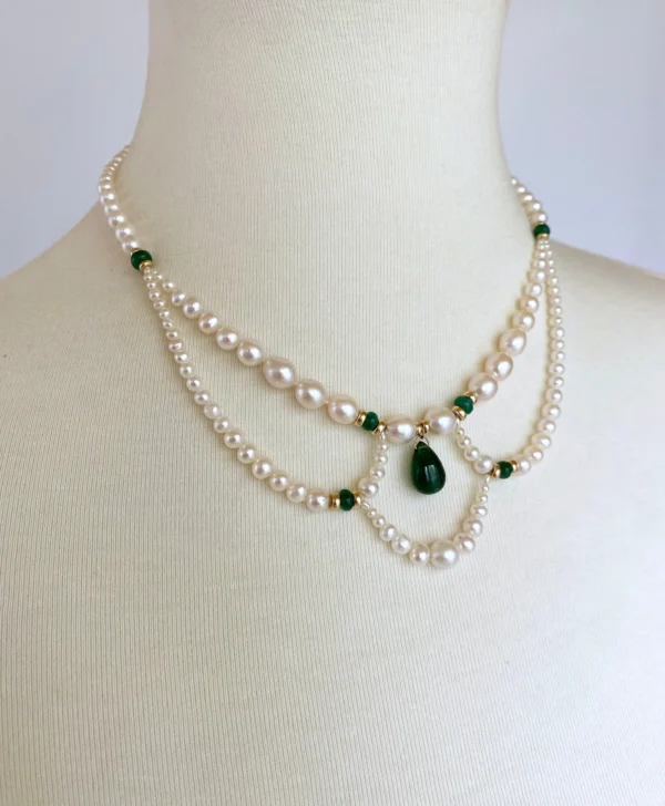 Marina J. Graduated Pearl, Emerald and 14K Victorian Inspired Necklace