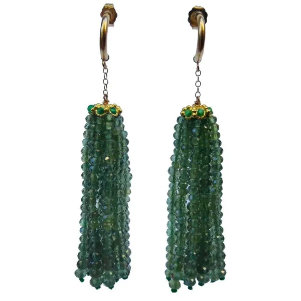 Marina J Green Onyx Bead Tassel Dangle Earrings with 14K Yellow Gold Cup