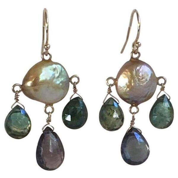 Green Tourmaline & Pearl Chandelier Earrings with Solid 14K Gold