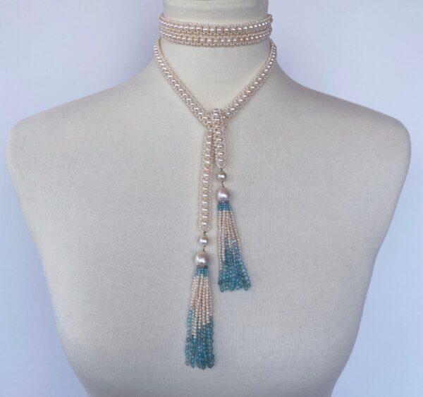 Long Woven Pearl Sautoir with Pearl and Aquamarine Tassels and 14k Gold