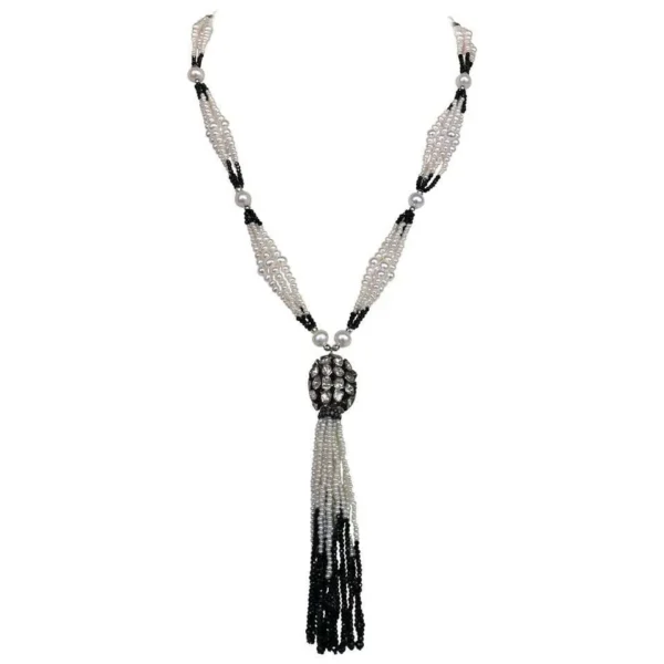 Marina J. Multi Graduated Sautoir with White Pearls, Black Spinel, and Tassel