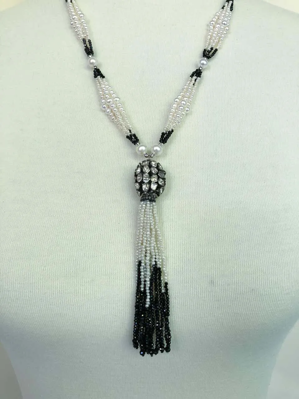 Marina J. Multi Graduated Sautoir with White Pearls, Black Spinel, and Tassel - Image 2