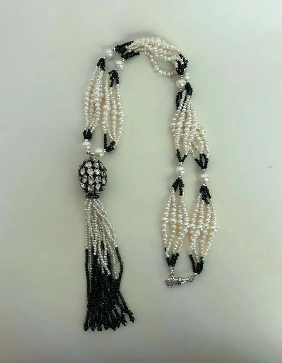 Marina J. Multi Graduated Sautoir with White Pearls, Black Spinel, and Tassel - Image 3