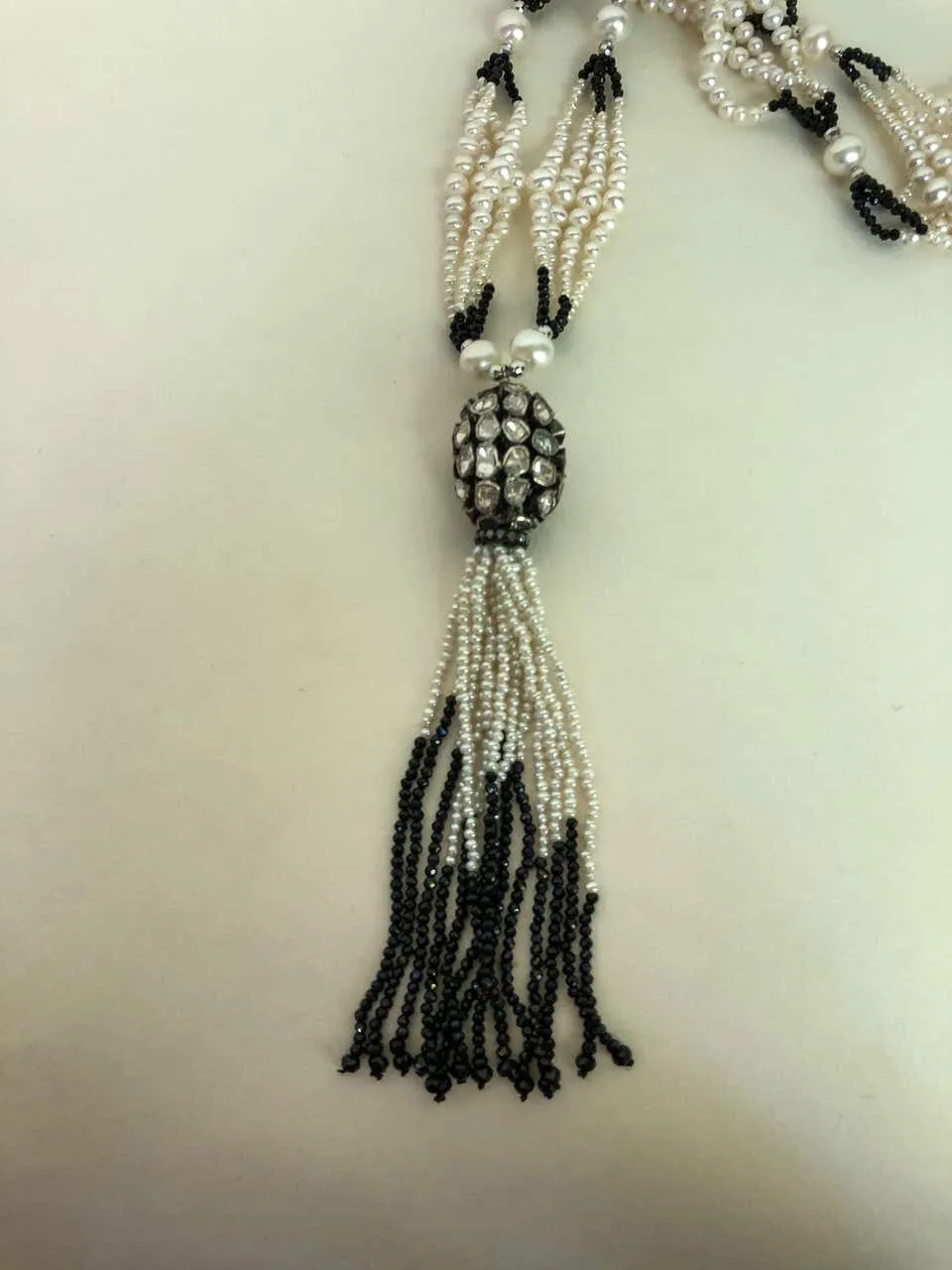 Marina J. Multi Graduated Sautoir with White Pearls, Black Spinel, and Tassel - Image 4