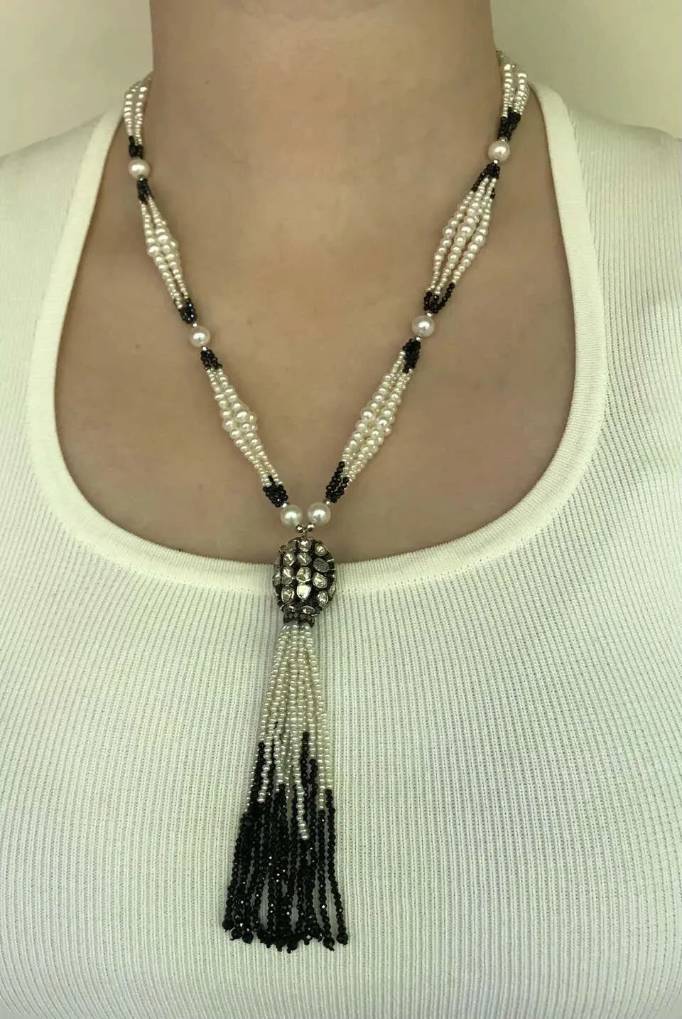 Marina J. Multi Graduated Sautoir with White Pearls, Black Spinel, and Tassel - Image 7