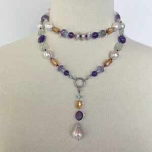 Multi Jewel and Pearl Sautoir with Drop Tassel and 14k White Gold