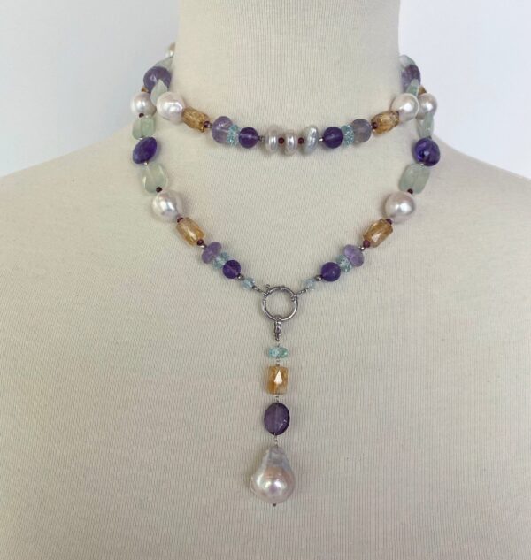 Multi Jewel and Pearl Sautoir with Drop Tassel and 14k White Gold