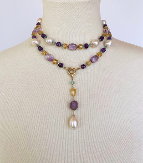Multi Jewel and Pearl Sautoir with Drop Tassel and 14K Yellow Gold