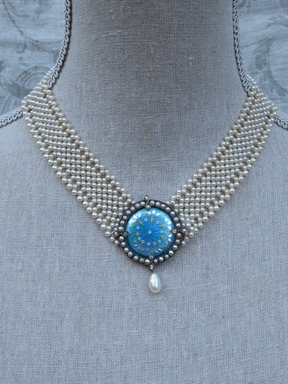 One of a kind Woven Pearl Necklace with Antique Blue Enamel Centerpiece