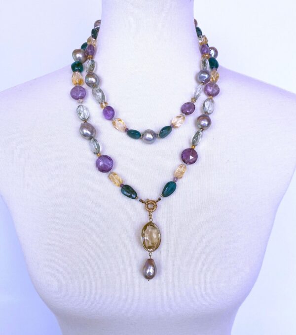 Pearl, Amethyst & Citrine Necklace with 14k Gold & Removable Pendant
