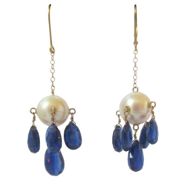 Pearl & Kyanite Chandelier Earrings with Solid 14K Yellow Gold