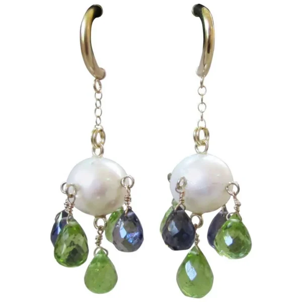 Pearl, Peridot & Iolite Chandelier Earrings with Solid 14K Yellow Gold
