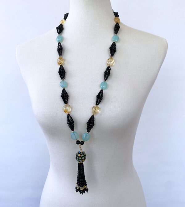 Black Onyx, Chalcedony, Citrine & Gold Cluster Infinity Necklace with Tassel