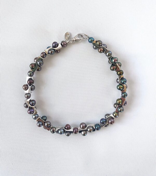 Men's Geometric Black Pearl Bracelet with Sterling Silver & 14k White Gold