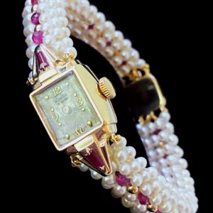 Vintage 14k Yellow Gold Watch with Woven Pearl, Ruby Band & Gold Clasp