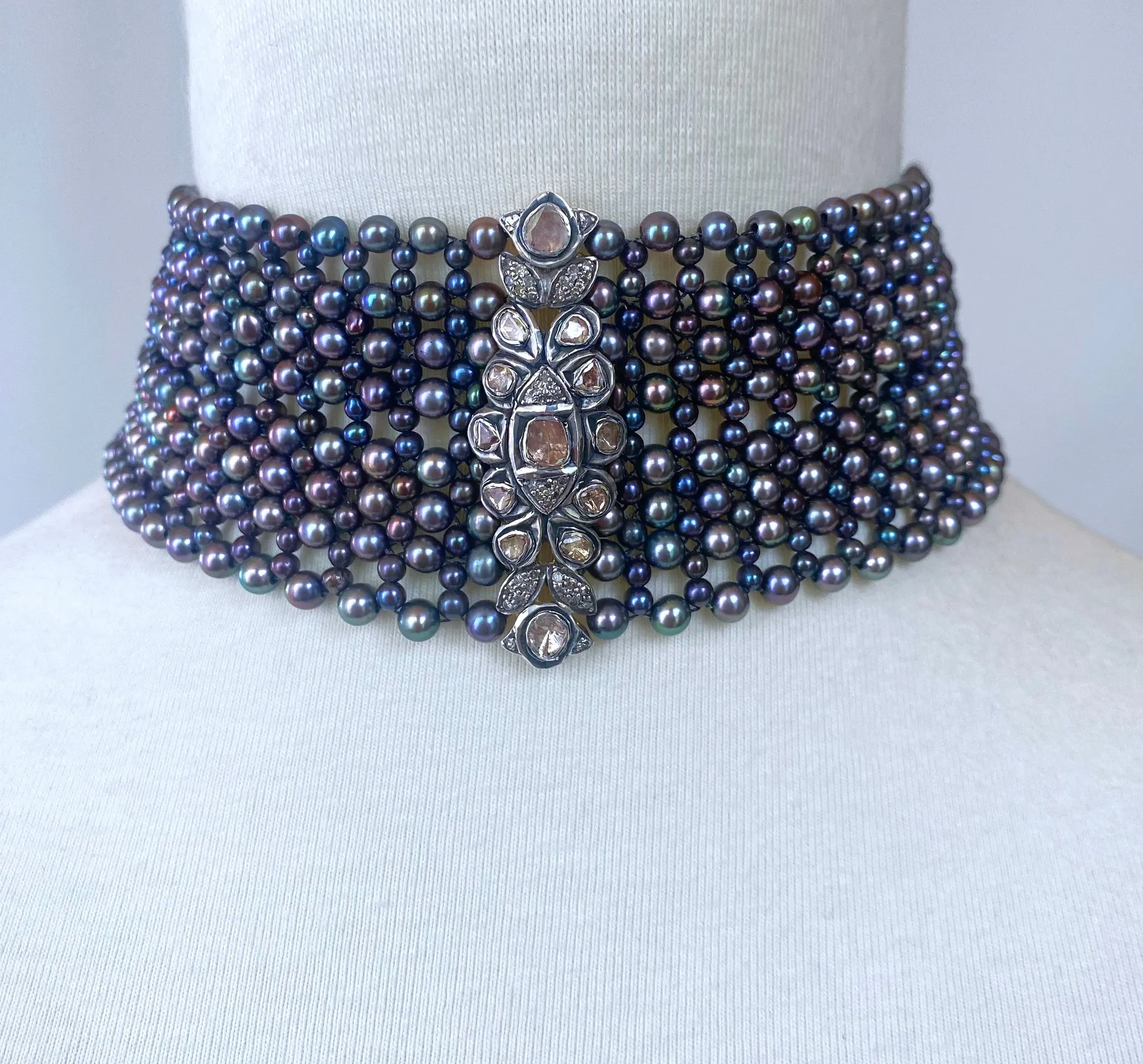 Marina J. Woven Black Pearl Choker with Vintage Raw Diamond Centerpiece - Image 2
