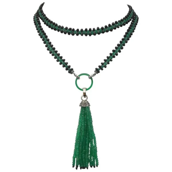 Marina J Woven Black Spinel and Green Onyx sautoir with Diamond and Onyx Tassel