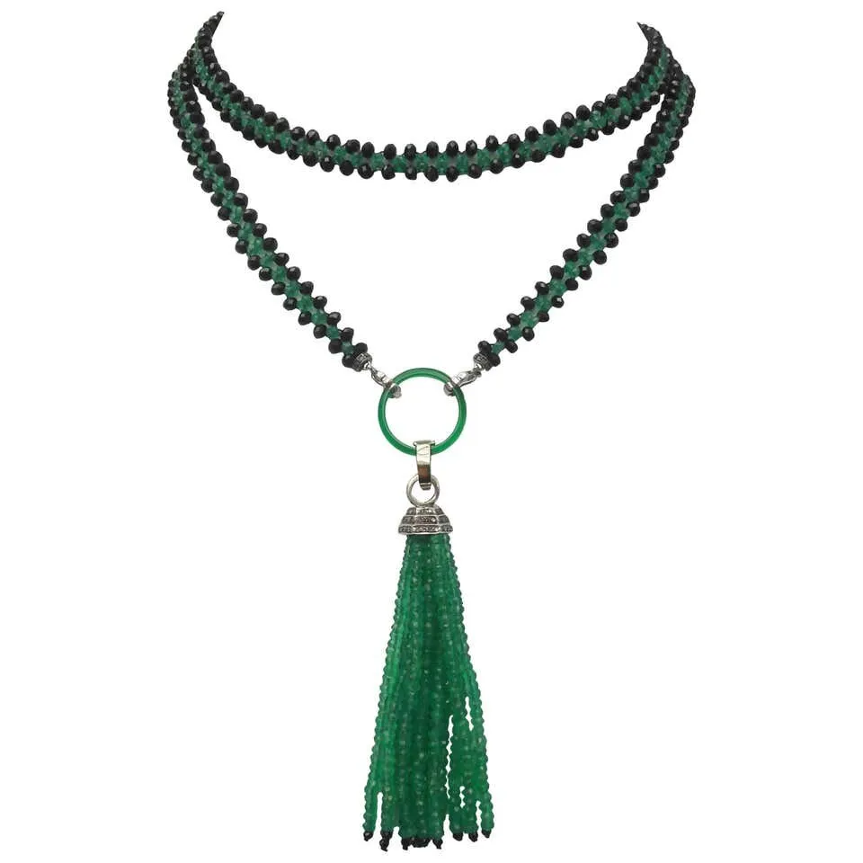 Marina J Woven Black Spinel and Green Onyx sautoir with Diamond and Onyx Tassel