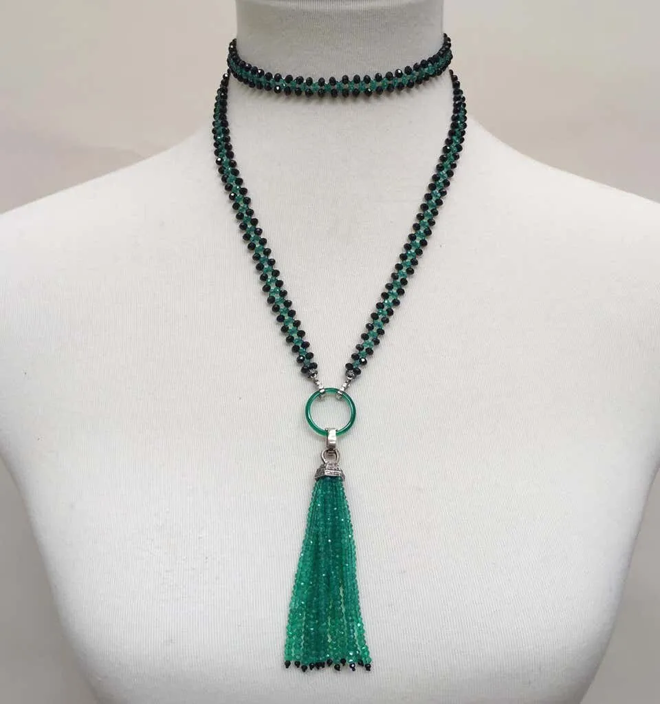 Marina J Woven Black Spinel and Green Onyx sautoir with Diamond and Onyx Tassel - Image 2