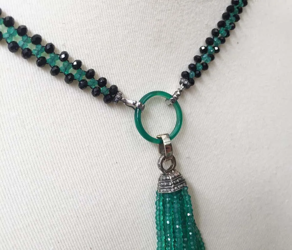 Marina J Woven Black Spinel and Green Onyx sautoir with Diamond and Onyx Tassel - Image 4