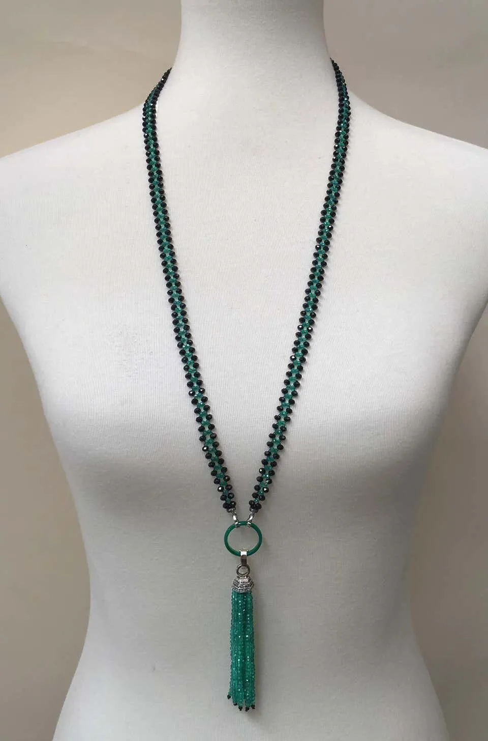 Marina J Woven Black Spinel and Green Onyx sautoir with Diamond and Onyx Tassel - Image 5