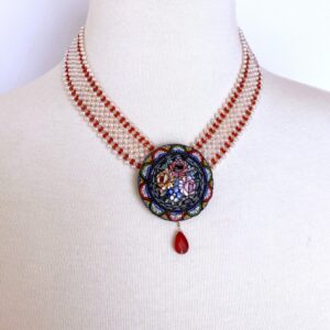 Woven Pearl and Carnelian Necklace with Mosaic Centerpiece and Coral