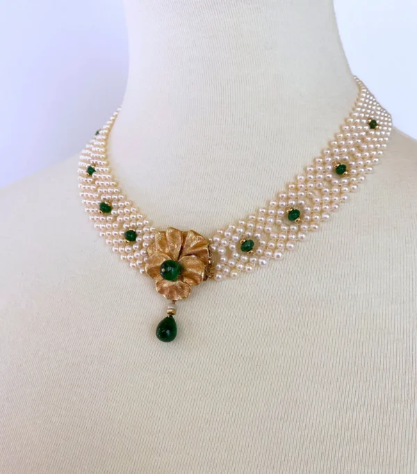 Marina J Woven Pearl and Emerald Necklace with Vintage Gold Centerpiece / Clasp