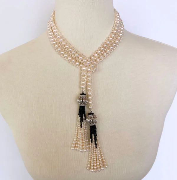 Marina J Woven Pearl and Onyx Sautoir with Silver Bead, Spinel and Pearl Tassels
