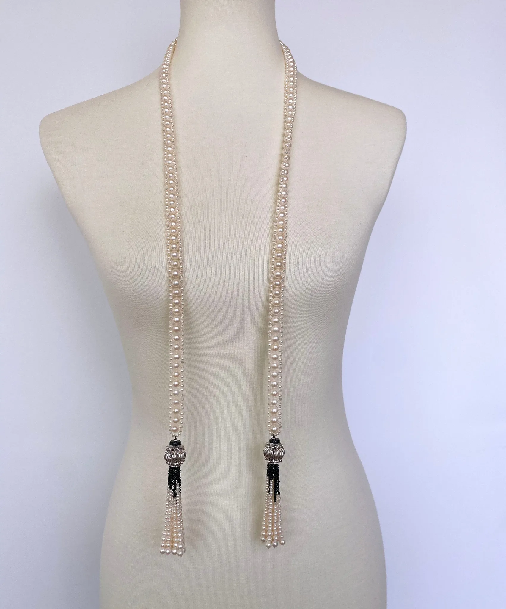 Marina J Woven Pearl and Onyx Sautoir with Silver Bead, Spinel and Pearl Tassels - Image 2