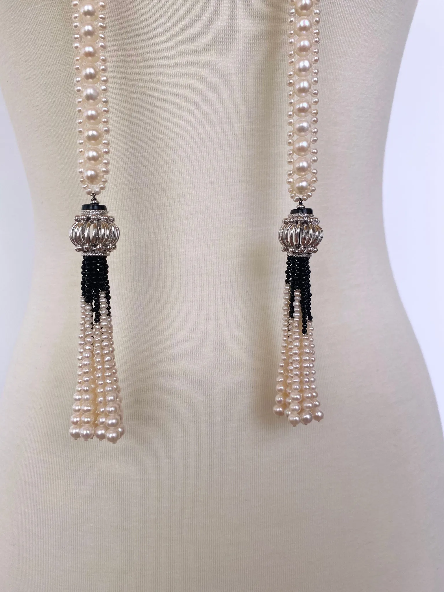 Marina J Woven Pearl and Onyx Sautoir with Silver Bead, Spinel and Pearl Tassels - Image 3