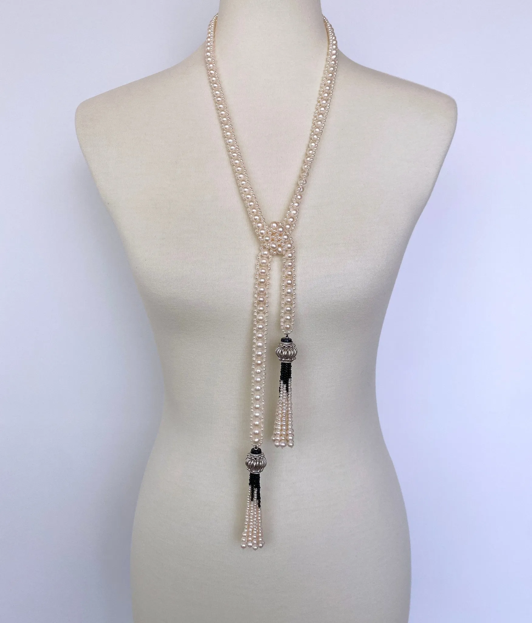 Marina J Woven Pearl and Onyx Sautoir with Silver Bead, Spinel and Pearl Tassels - Image 4
