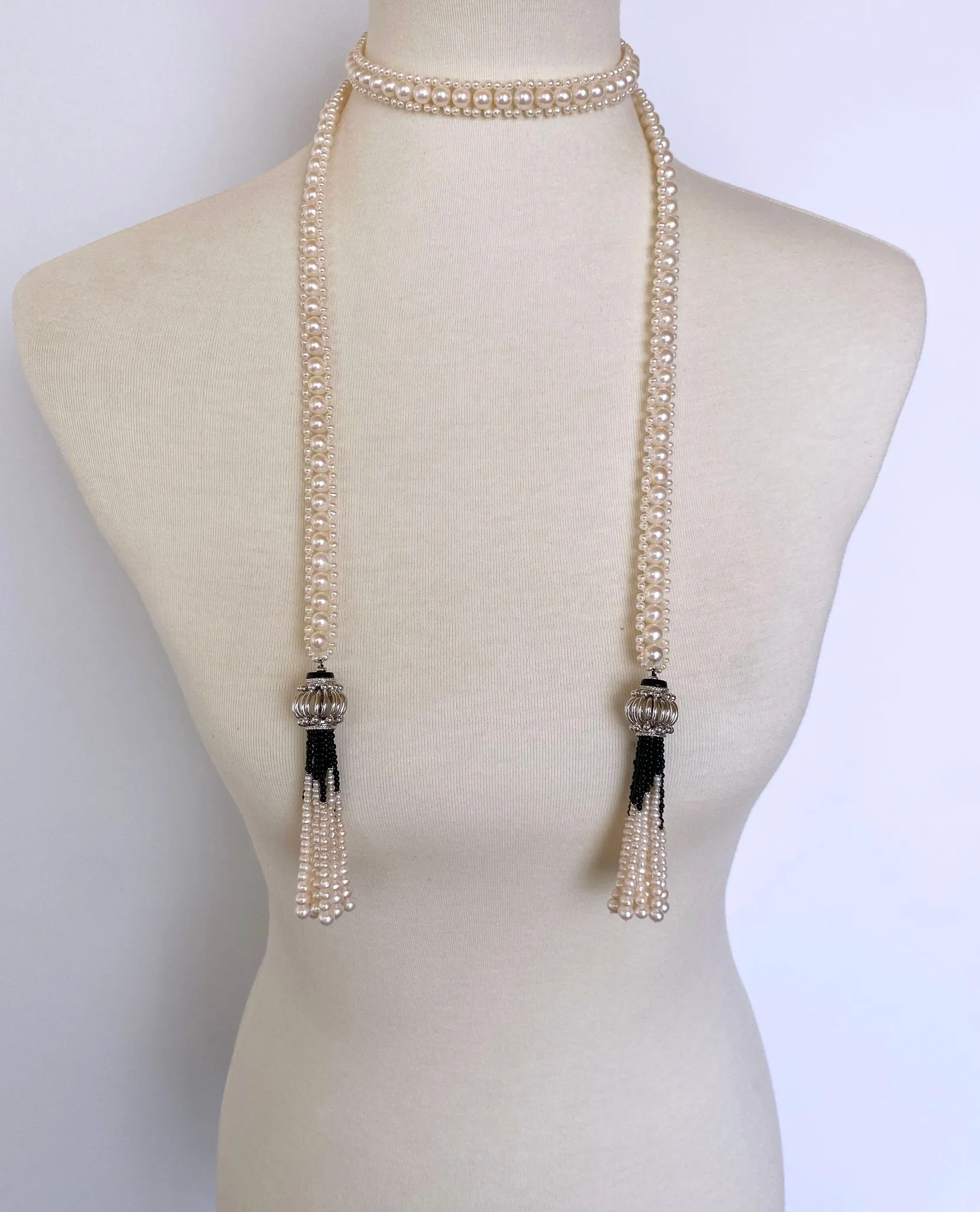 Marina J Woven Pearl and Onyx Sautoir with Silver Bead, Spinel and Pearl Tassels - Image 5