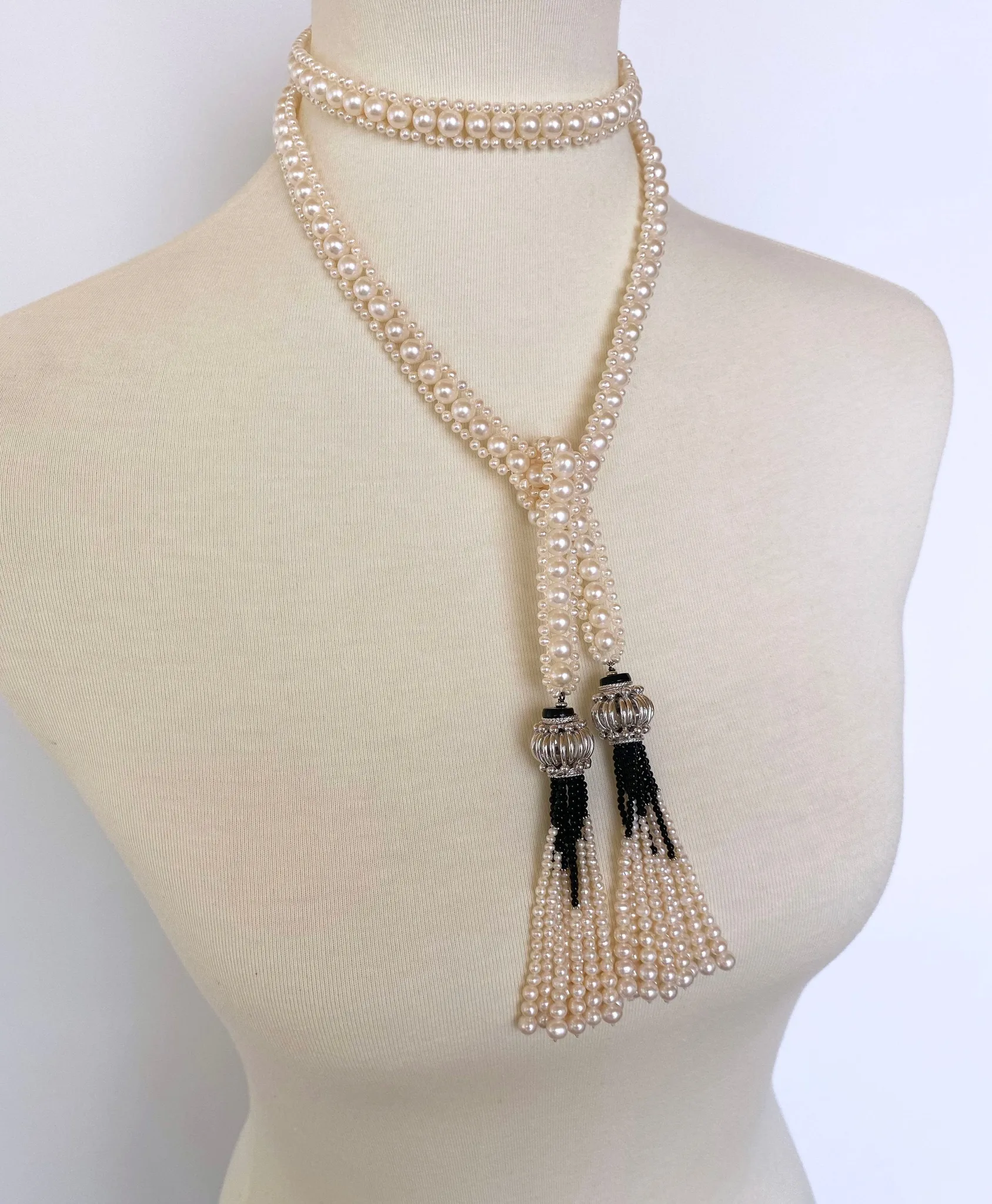 Marina J Woven Pearl and Onyx Sautoir with Silver Bead, Spinel and Pearl Tassels - Image 6