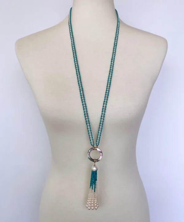 Marina J. Woven Pearl and Turquoise Beaded Sautoir with Graduated Pearl Tassel and 14K