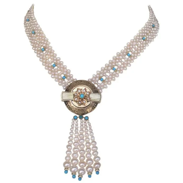Marina J Woven Pearl and Turquoise Necklace with 14 K Yellow Gold Centerpiece