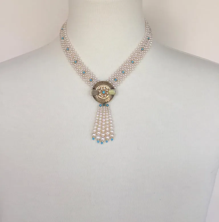 Marina J Woven Pearl and Turquoise Necklace with 14 K Yellow Gold Centerpiece - Image 2
