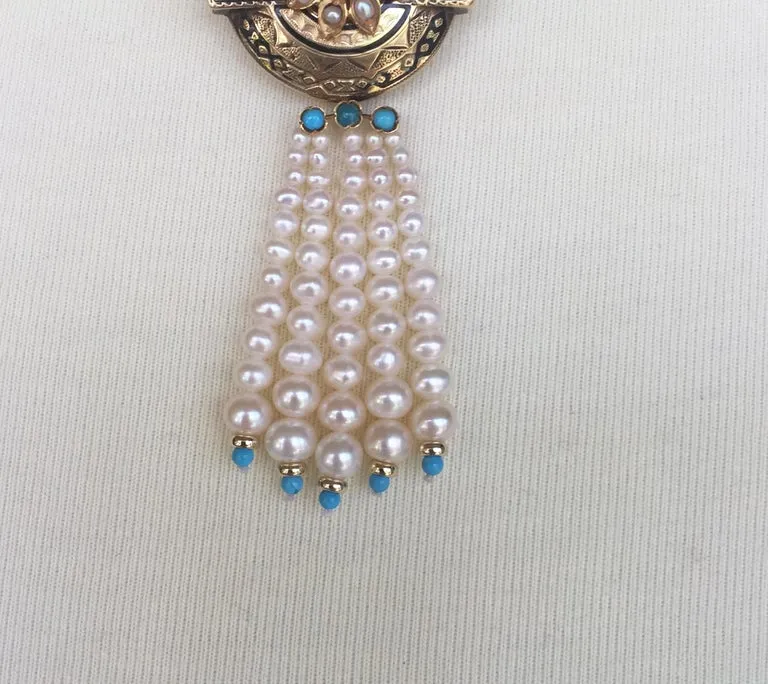 Marina J Woven Pearl and Turquoise Necklace with 14 K Yellow Gold Centerpiece - Image 3