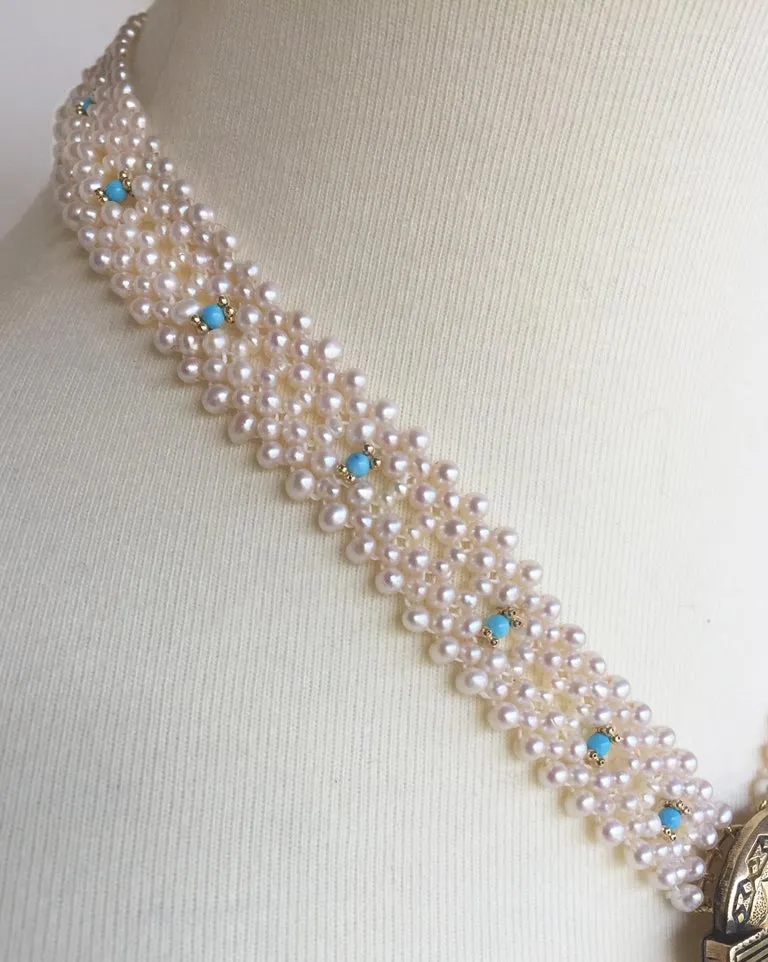 Marina J Woven Pearl and Turquoise Necklace with 14 K Yellow Gold Centerpiece - Image 5