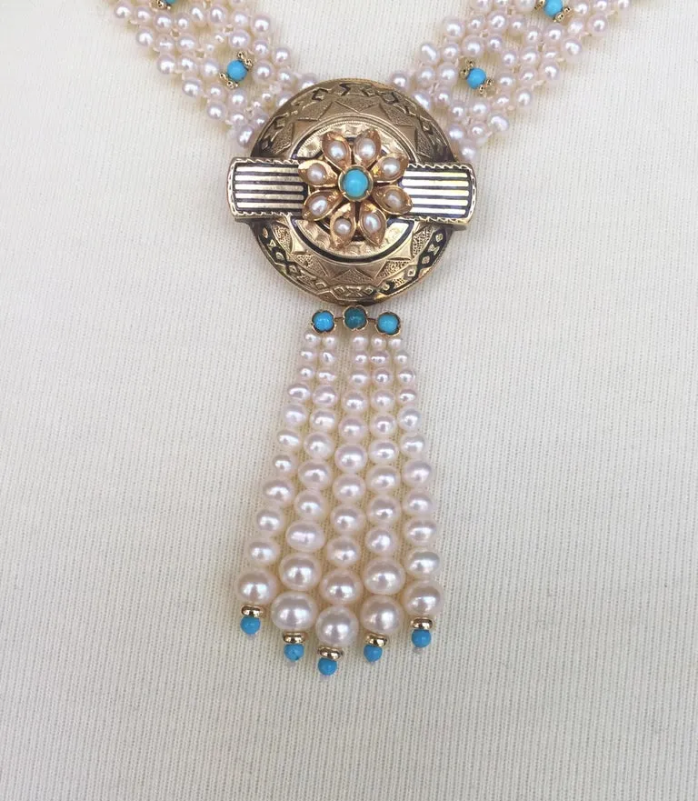 Marina J Woven Pearl and Turquoise Necklace with 14 K Yellow Gold Centerpiece - Image 6
