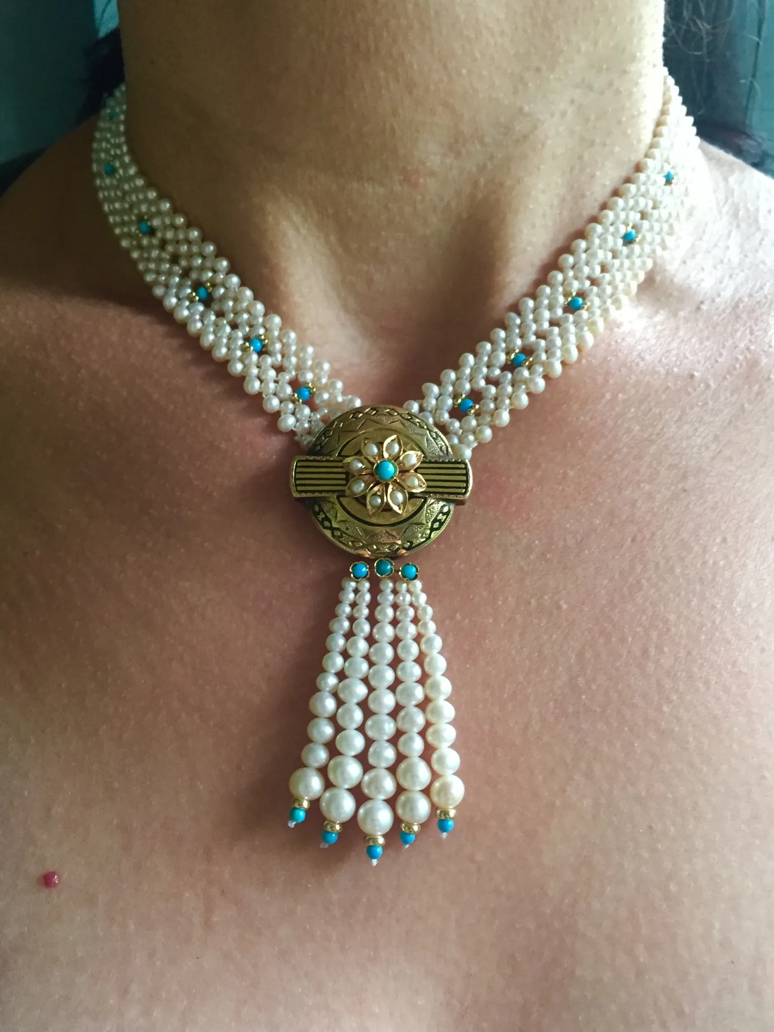 Marina J Woven Pearl and Turquoise Necklace with 14 K Yellow Gold Centerpiece - Image 7