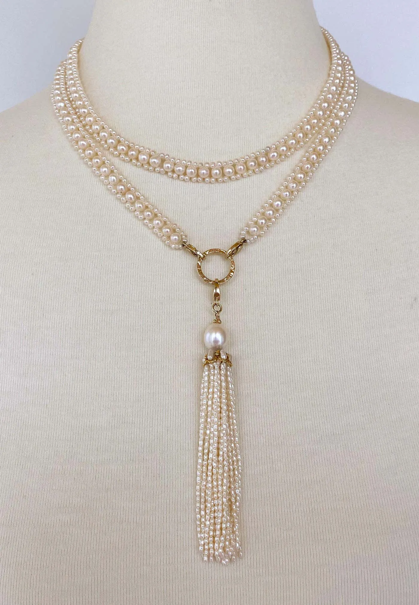 Woven Pearl Necklace with 14k Gold Ring and Removable Pearl Tassel - Image 2