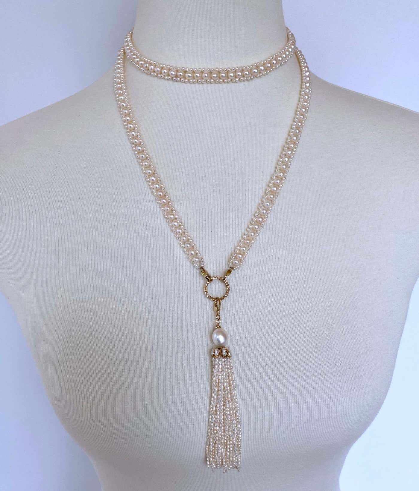 Woven Pearl Necklace with 14k Gold Ring and Removable Pearl Tassel - Image 3