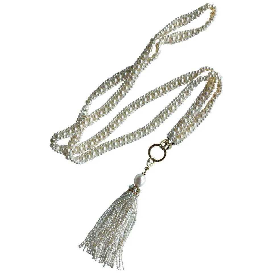 Woven Pearl Necklace with 14k Gold Ring and Removable Pearl Tassel - Image 6