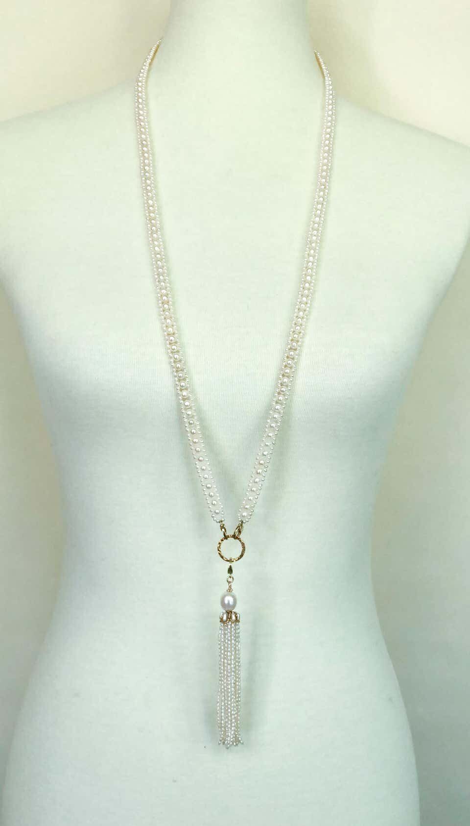 Woven Pearl Necklace with 14k Gold Ring and Removable Pearl Tassel - Image 7