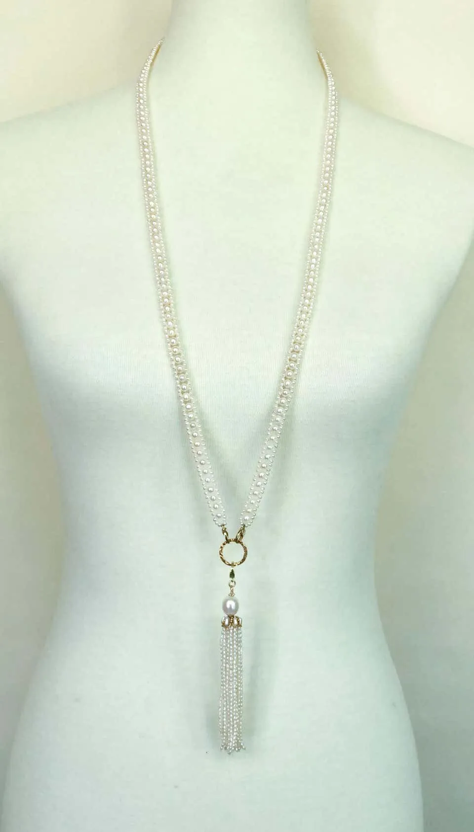 Woven Pearl Necklace with 14k Gold Ring and Removable Pearl Tassel - Image 8